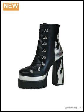 Women's Faux Leather Lace-Up Ankle Boots with Silver Flames, Chunky Platform